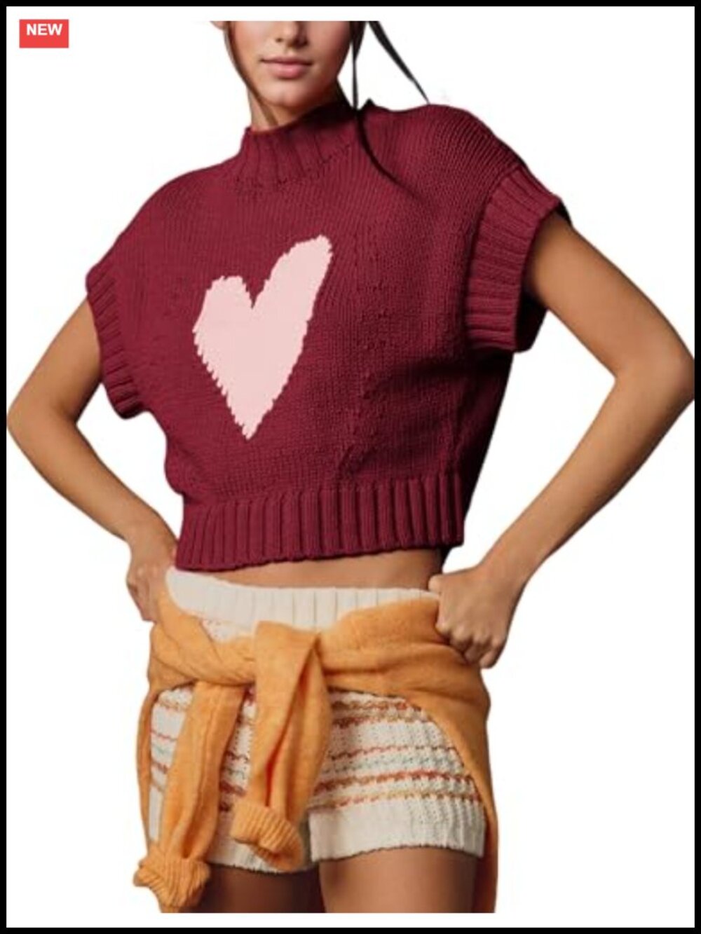 Women's Cotton Knit Sweater Vest Heart Crop Pullover Cap Sleeve